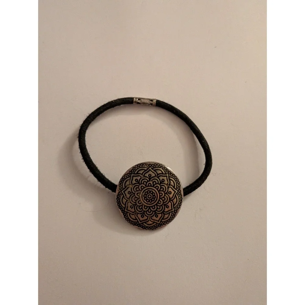 Silver Mandala Etched Metal Medallion Elastic Hair Tie Boho Ponytail Holder